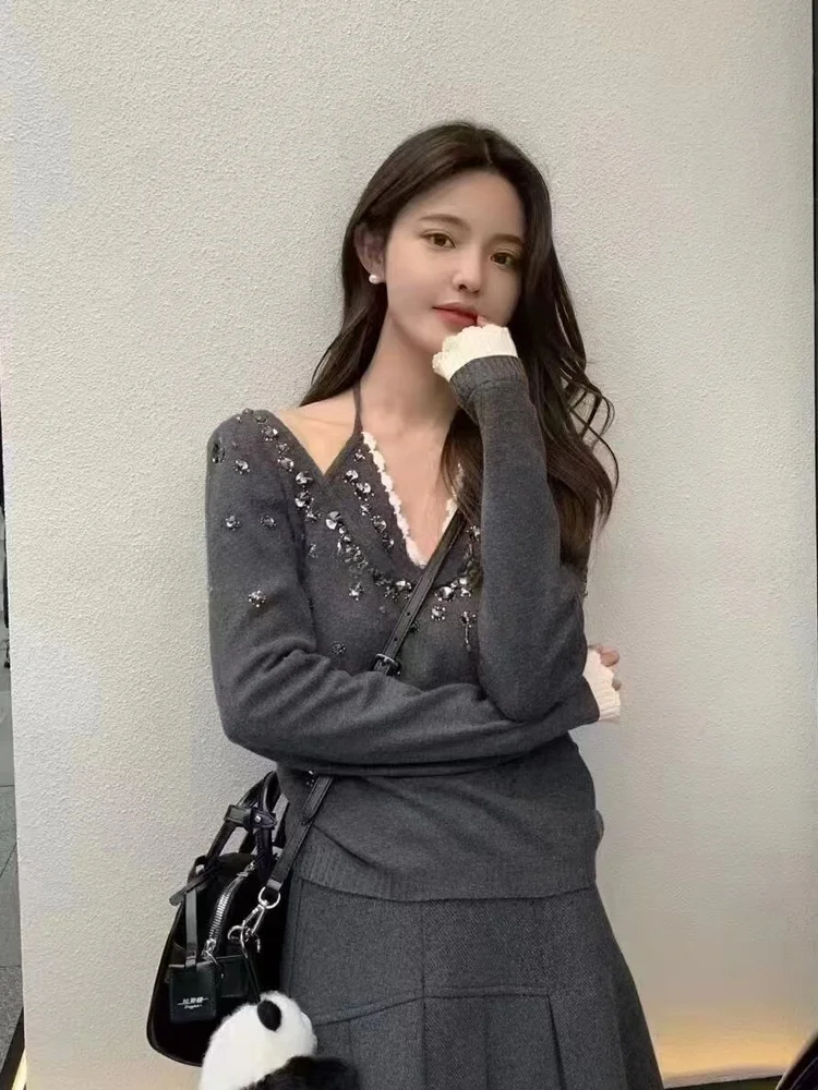 

Высококачественные женские вязаные лоскутные туфли с бриллиантами в Корейском стиле, осень-зима, Новое поступление, ор V-Ne Long Sve, полиэстер...