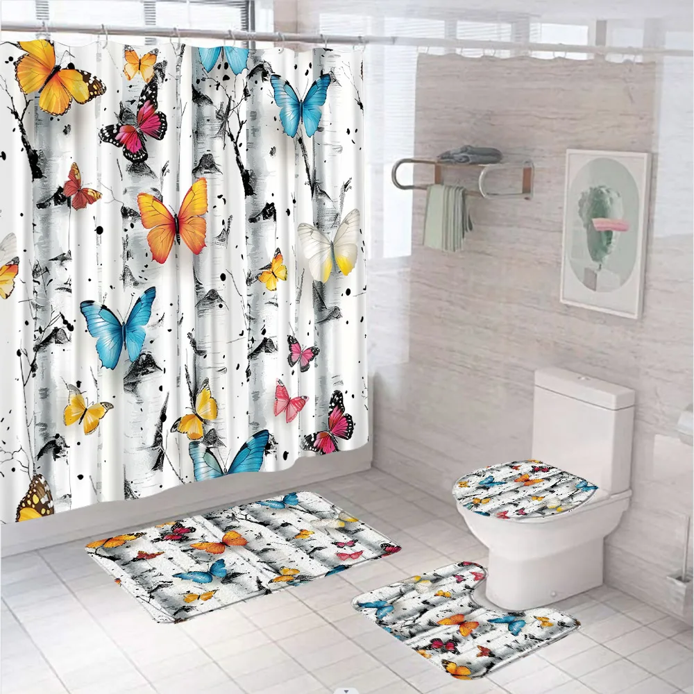 Colorful Butterfly Shower Curtain Sets Non-Slip Rug Birch Forest Rural Scenery Bathroom Curtains Flannel Bath Mat Toilet Cover