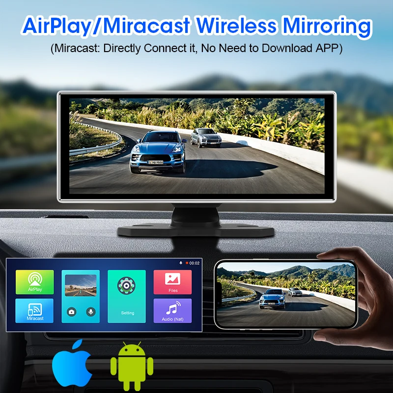 10.26\'\' &11.26\'\' 4K Dash Cam Car DVR Wireless CarPlay Android Auto Video Recorder Monitor GPS Navigation Dual Lens Recording DVR