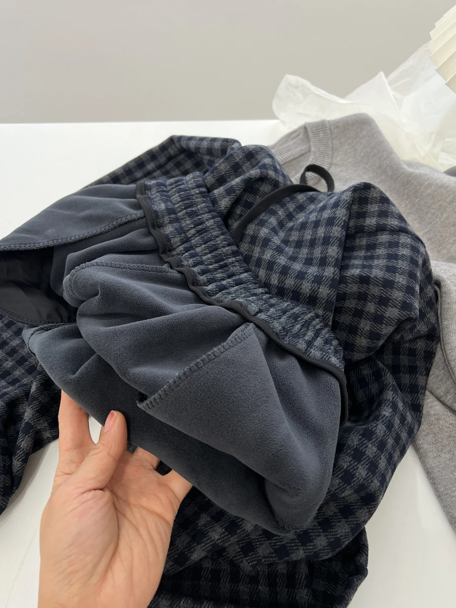 กางเกงขายาวทรงตรงเอวสูงไซส์ใหญ่บุซับใน ลายสก็อต ผ้าหนา อุ่นสบาย ใส่ลำลอง ใส่ทำงาน สำหรับผู้หญิง ฤดูหนาว