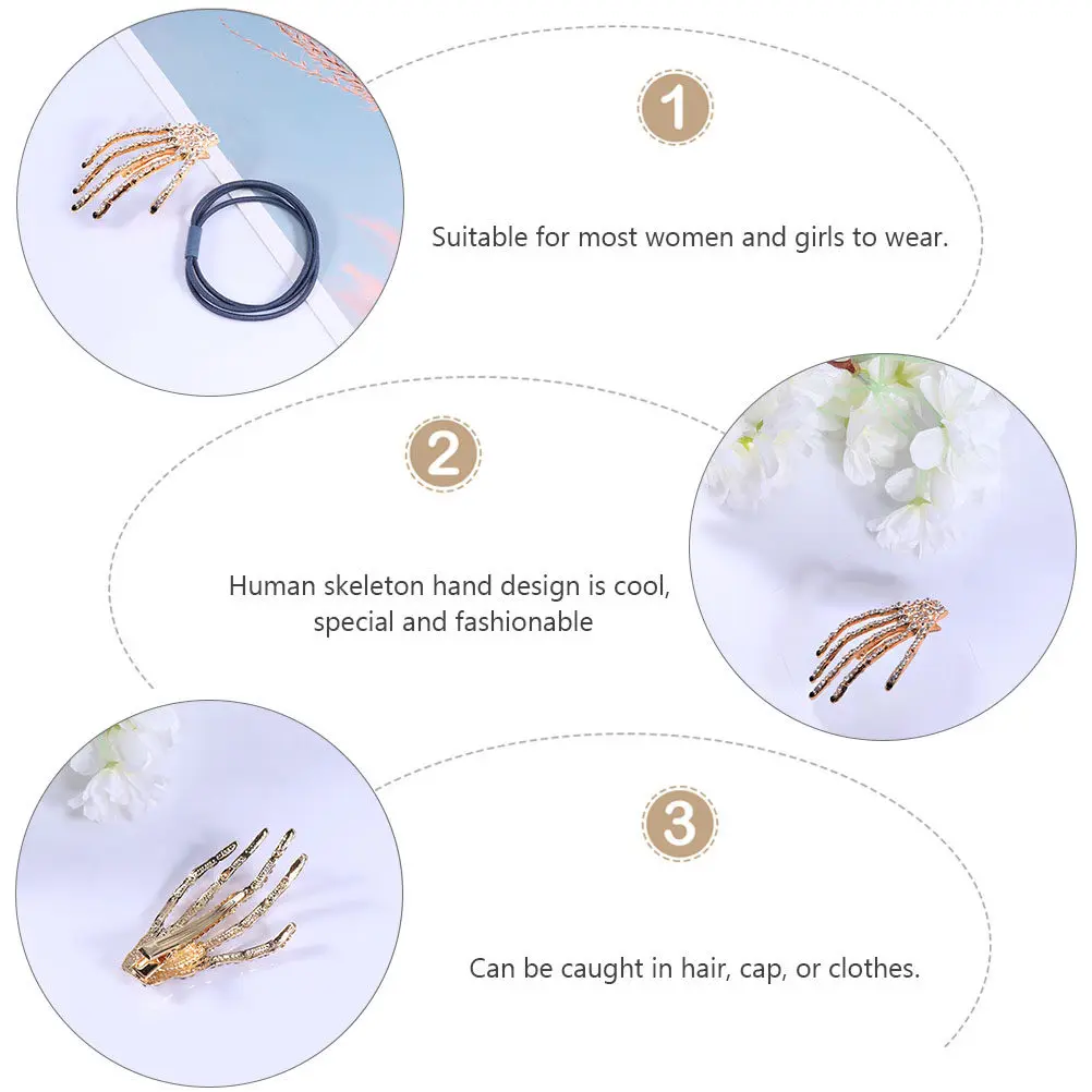 2Pcs Claw Hairpin Skull Shape Hair Clip Halloween Hairpins Punk Hair Barrettes Hand Bone Design for Women