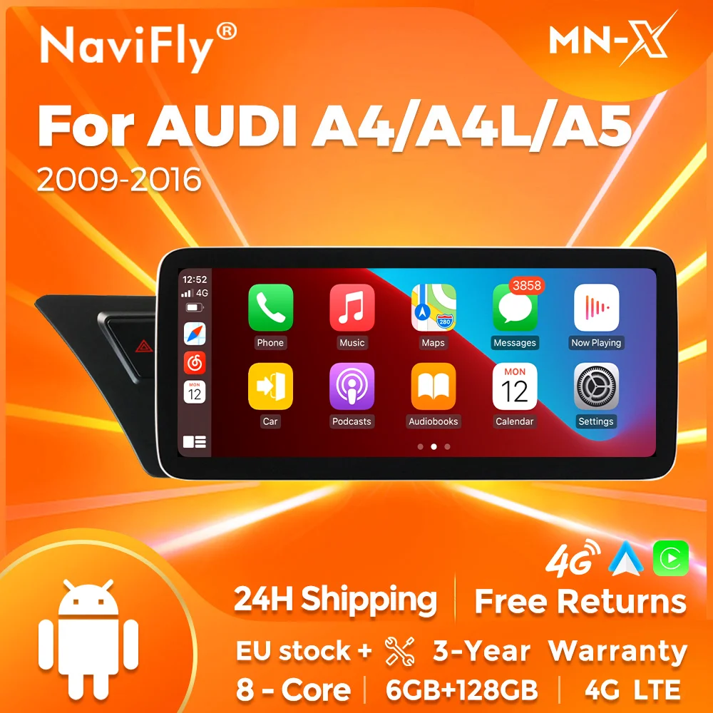 NaviFly-Autoradio sans fil Android 14, 128 Go, 2025, 8 cœurs, CarPlay, GPS, WiFi, lecteur de limitation CPU, Audi A4, A4L, A5, B8, 2009-2016