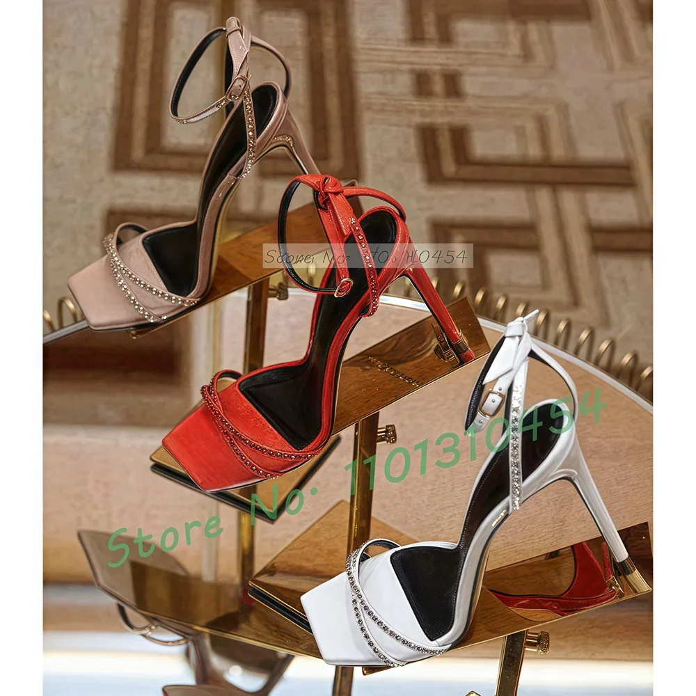 

Square Toe Crystal Strap Sandals Women Newest Rhinestone Ankle Buckle Strap Thin High Heel Female Concise Summer Open Toe Sandal