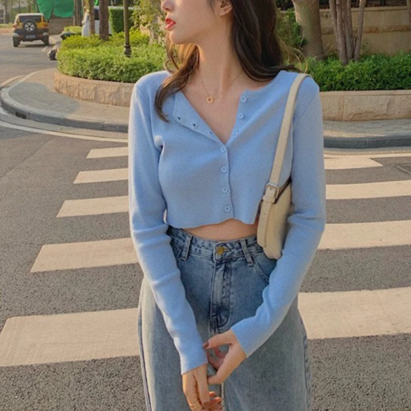 Korean Style Women O-neck Knitted Cardigan Short Sweaters 2023 Fashion Long Sleeve Button Crop Top Knitwears 28116