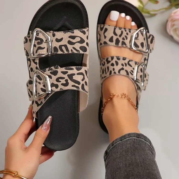 Low Leopard Shoes Slippers Women Summer Big Size Platform Slides Pantofle 2024 PU Fabric Buckle Strap Rome Rubber Hoof Heels