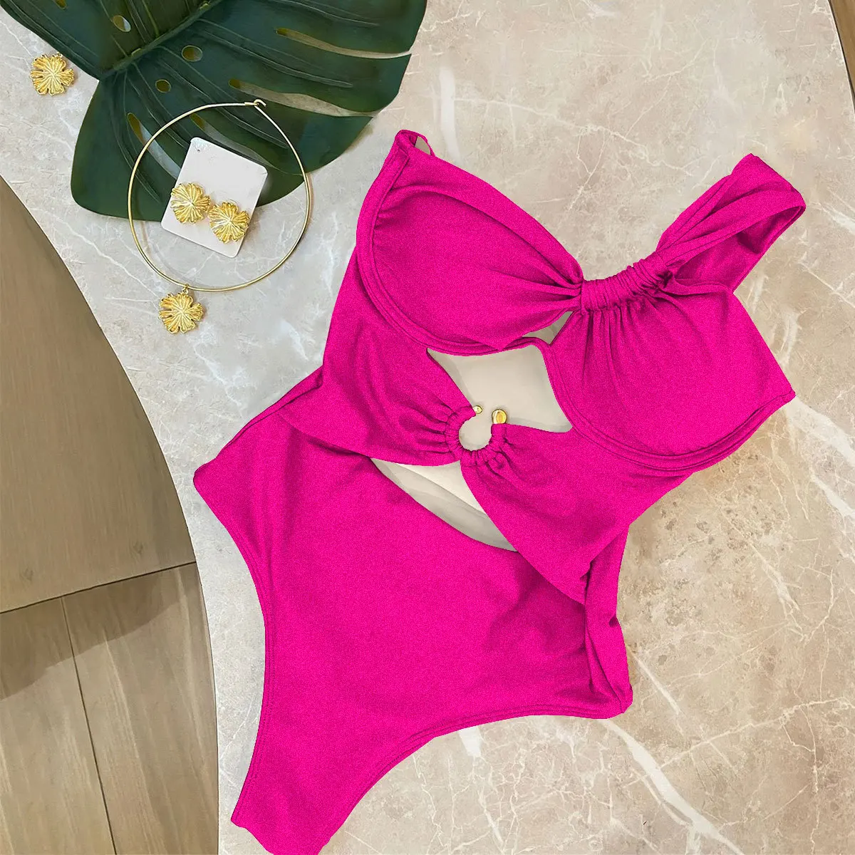 

Sexy One Shoulder Swimwear Women 2025 Black Red Hollow Out Metal Ring One Piece Swimsuit Beach Holiday Bathing Swimming Suits