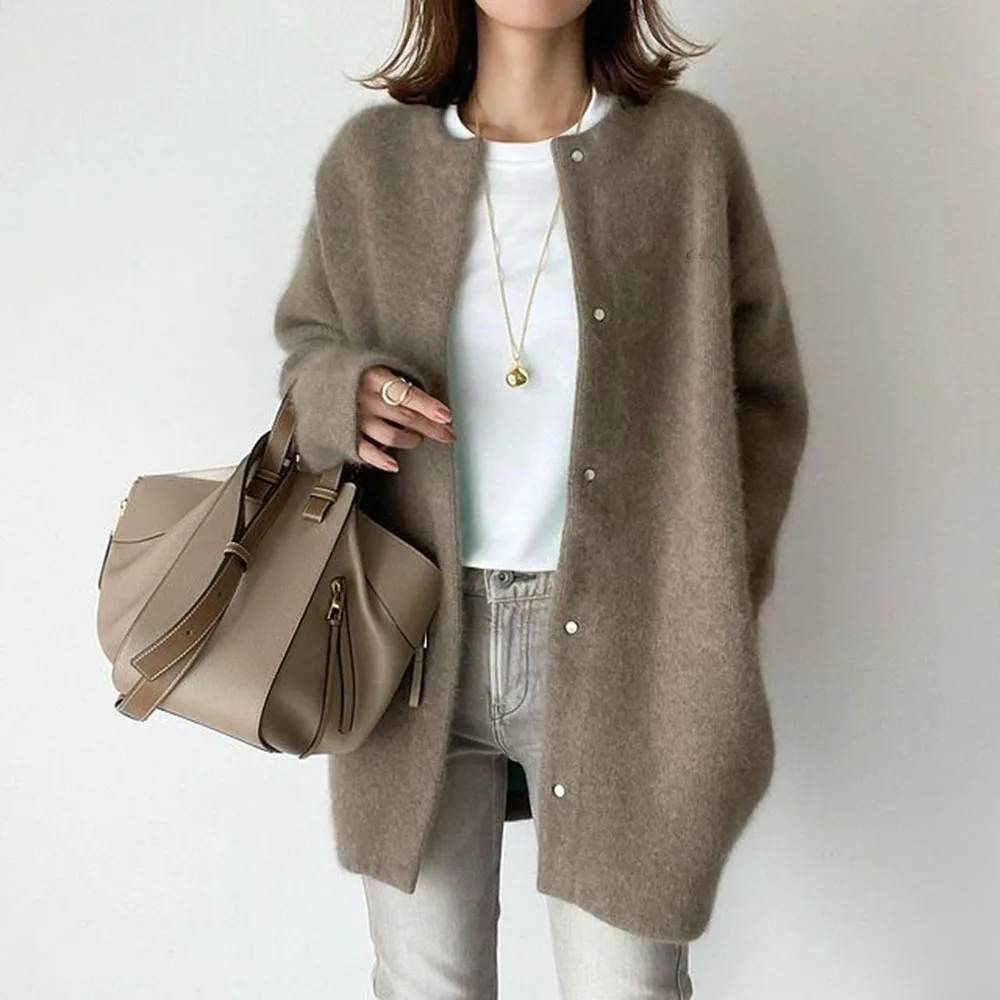 Women Sweater Cardigan Winter Woolen Casual Korean Female Jacket Knit Long Tops Outwear Outfits Lady Sweater Female Khaki Plain