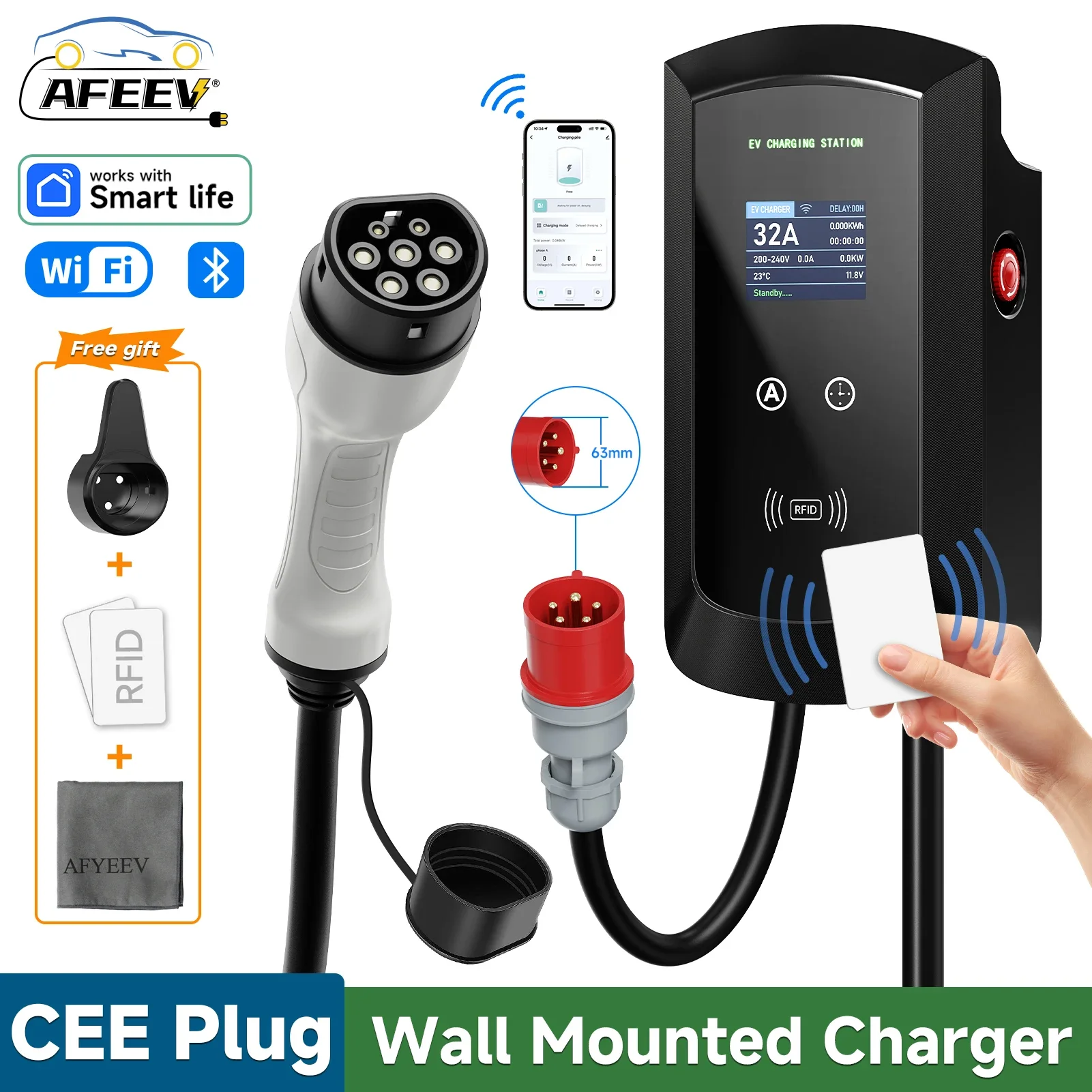 AFEEV-estación de carga EV 7,6 kW/11kW/22kW, enchufe CEE tipo 2, IEC62196-2 32A, cargador trifásico montado en la pared, WiFi, Bluetooth, Control