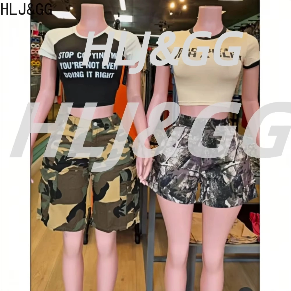 

HLJ&GG INS Fashion Letter Print Slim Tshirts Two Piece Sets Women Round Neck Short Sleeve Crop Top And Camouflage Shorts Outfits