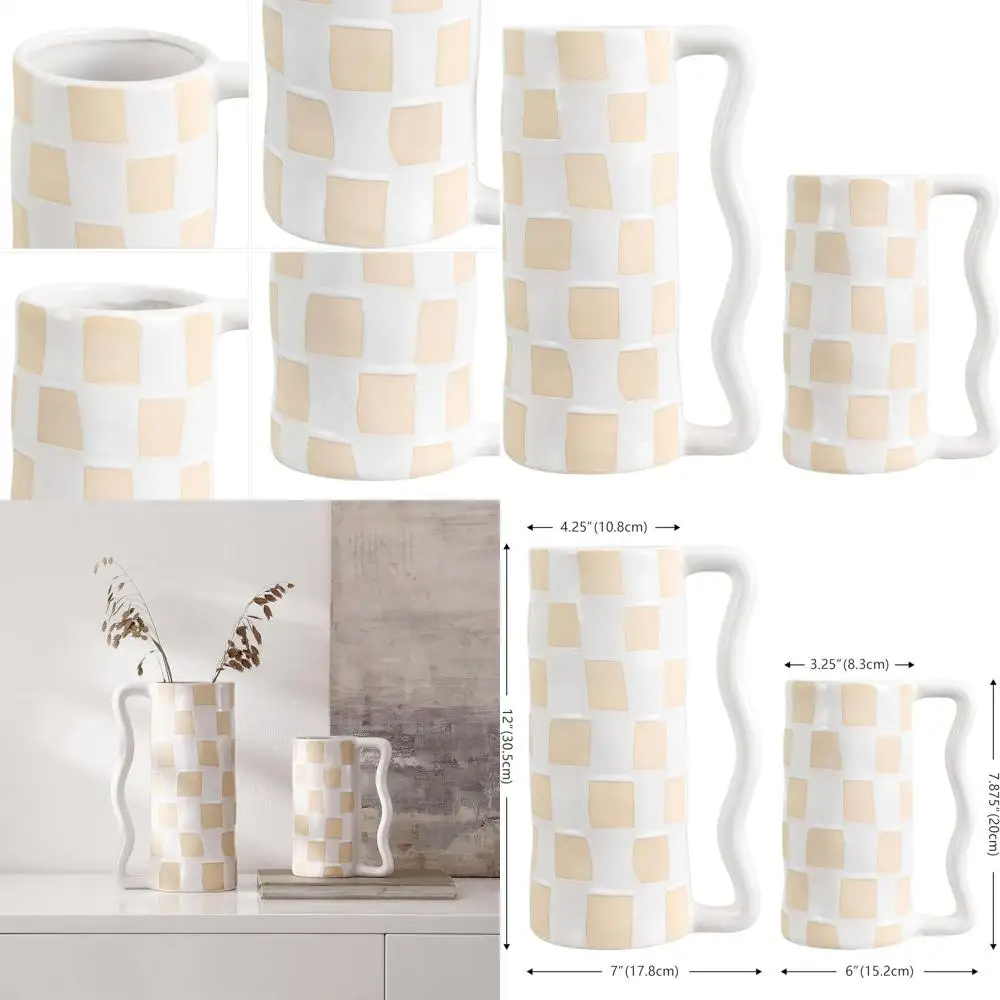 

Пара керамических ваз Anika в клетку белого и бежевого цветов с ручками для декора дома, идеально подходят для полок или столов
