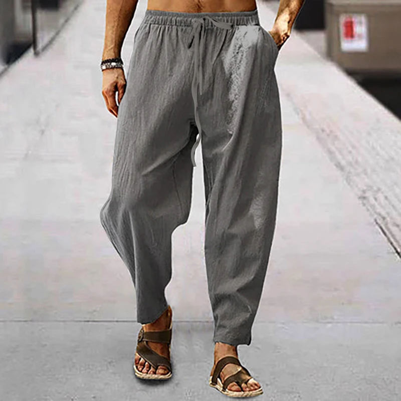 2023 Spring Summer Men\'s Casual Beach Long Pant Solid Color Loose Drawstring Cotton Linen Trousers Men Leisure Fashion Pants