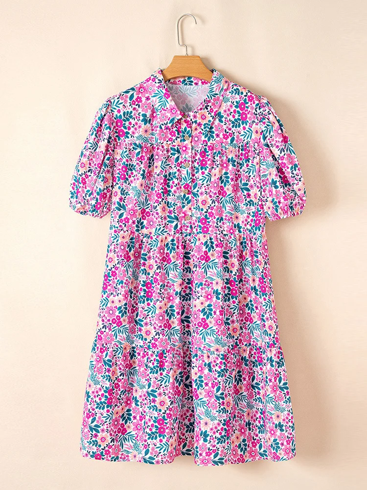 GIBSIE 플러스 사이즈 패션 레트로 퍼프 소매 셔츠 드레스 여성 2025 여름 플로럴 프린트 하이 웨이스트 휴가 루즈핏 미디 드레스