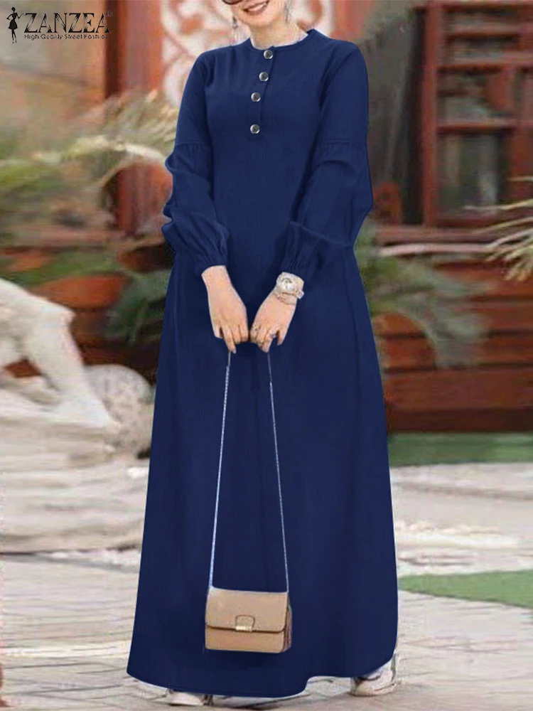 ZANZEA-maxivestido islámico para vacaciones, azul vaquero, holgado, informal, manga acampanada, medio botón, Abaya, Hijab, cuello redondo, Vestidos musulmanes para mujeres