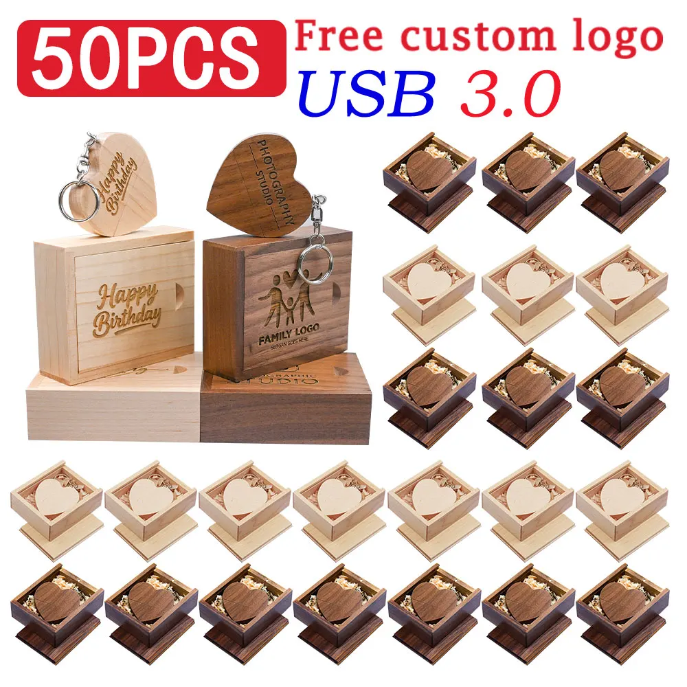 Free Custom LOGO 50PCS Maple Wood Heart USB Flash Drive Free Customized Logo 4GB Wooden Box Pen Drive Keychain Memory Stick
