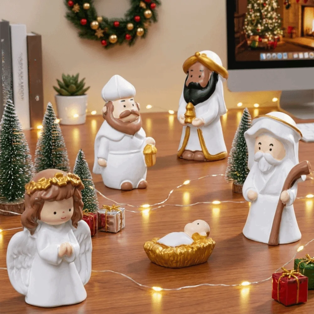 8PCS 3D Nativity Scene Figurine Set Miniature Resin Jesus Virgin Mary Figurine Little Nun Figurine Collectible