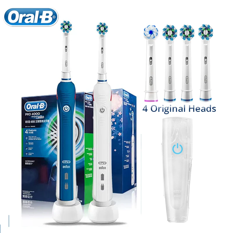 Oral B Electric Toothbrush Pro4000 Sonic Brush Teeth Adult Rechargeable Toothbrush with Pressure Sensor Timer Function 4 Heads