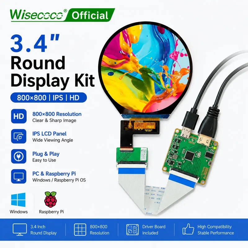 3.4 Inch Round Display Kit 800×800 IPS LCD Circular Screen Driver Board for Windows PC Raspberry Pi Industrial Dashboard