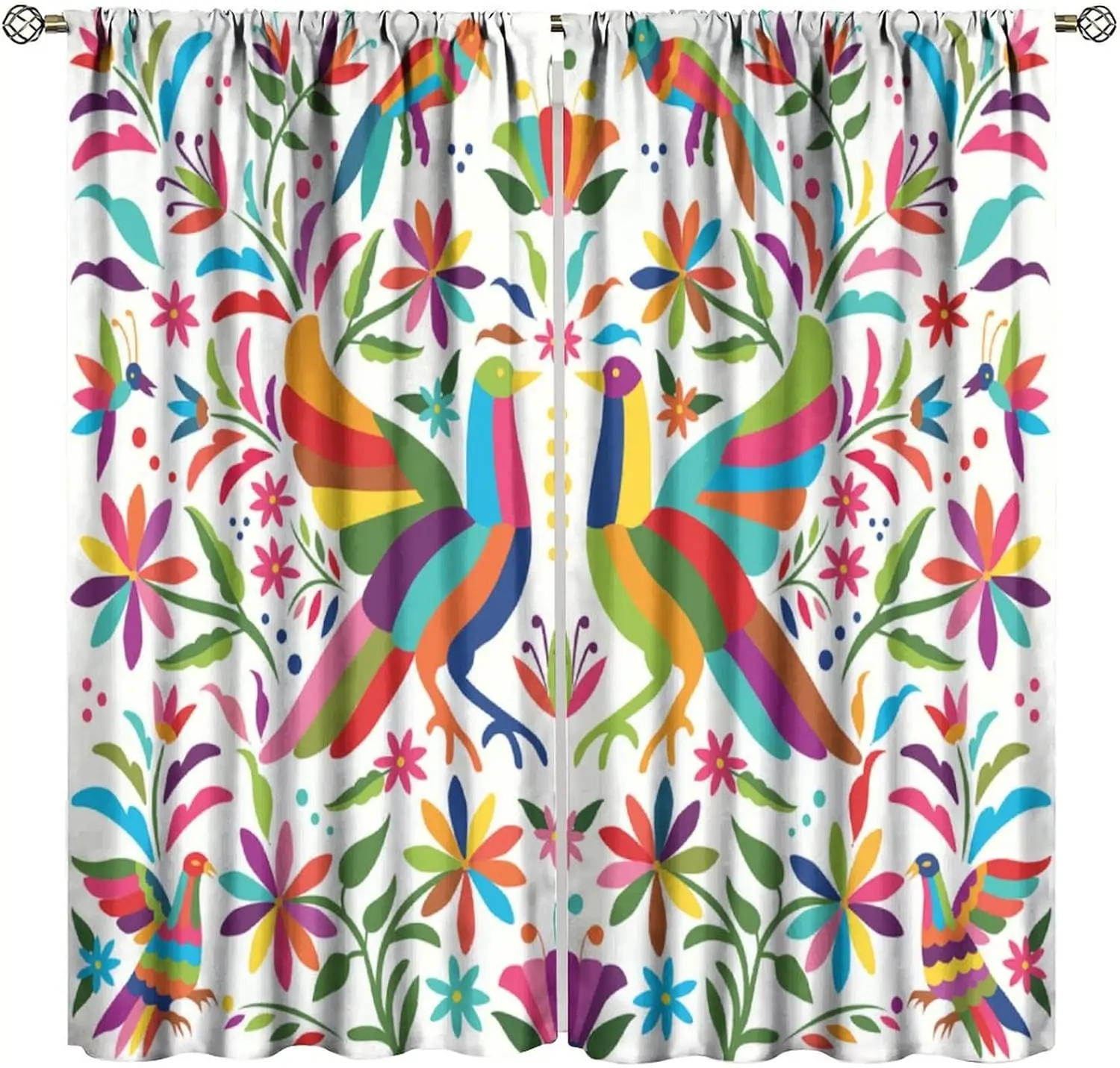 Mexican Decor Window Curtain，Colorful Mexican Traditional Floral Composition with Birds Style Print for Home Kitchen Restaurant