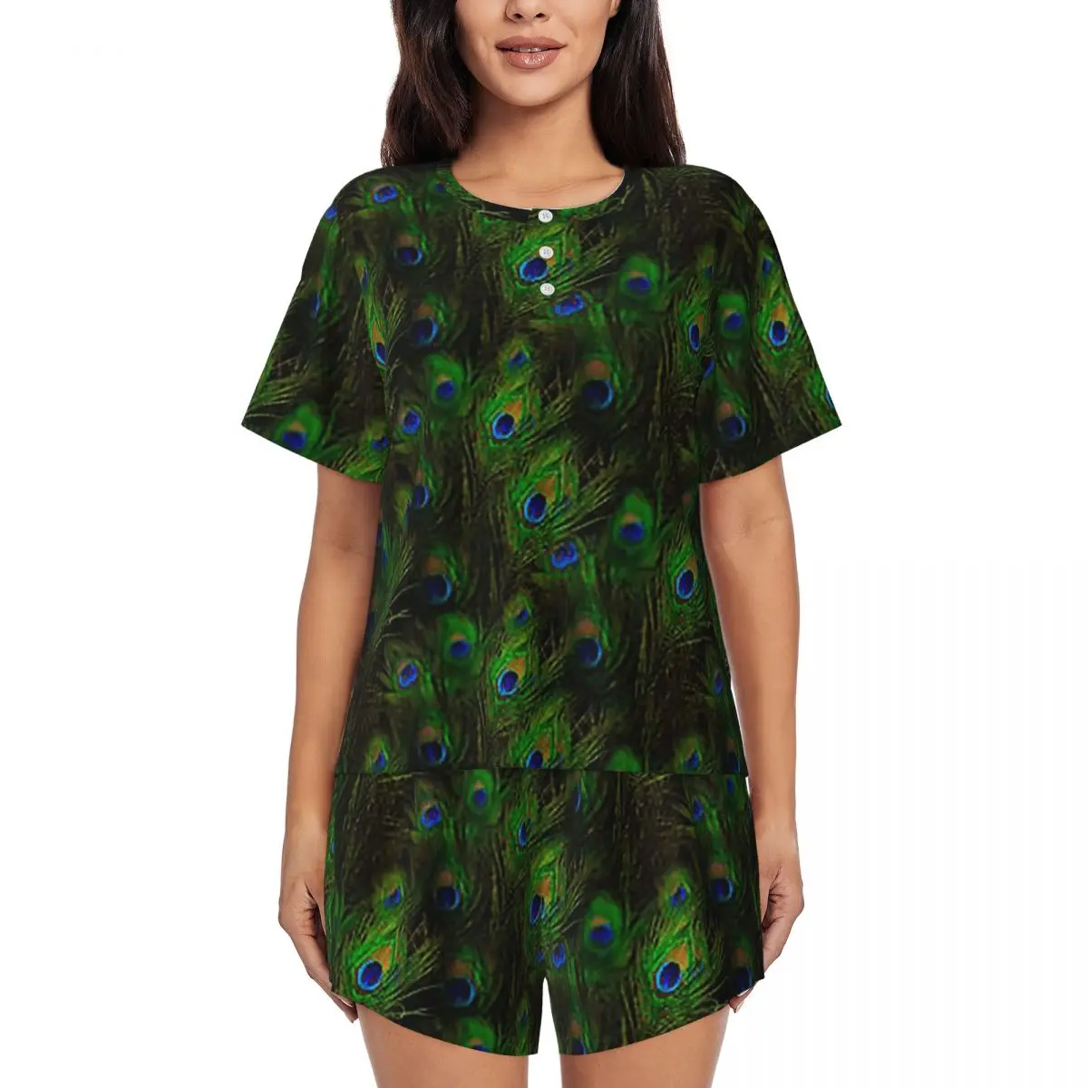 

Peacock Feathers Round Neck Short Sleeves Nightdress for Sleeping Sleepshirts Women Loose Pajama Set Short Pants
