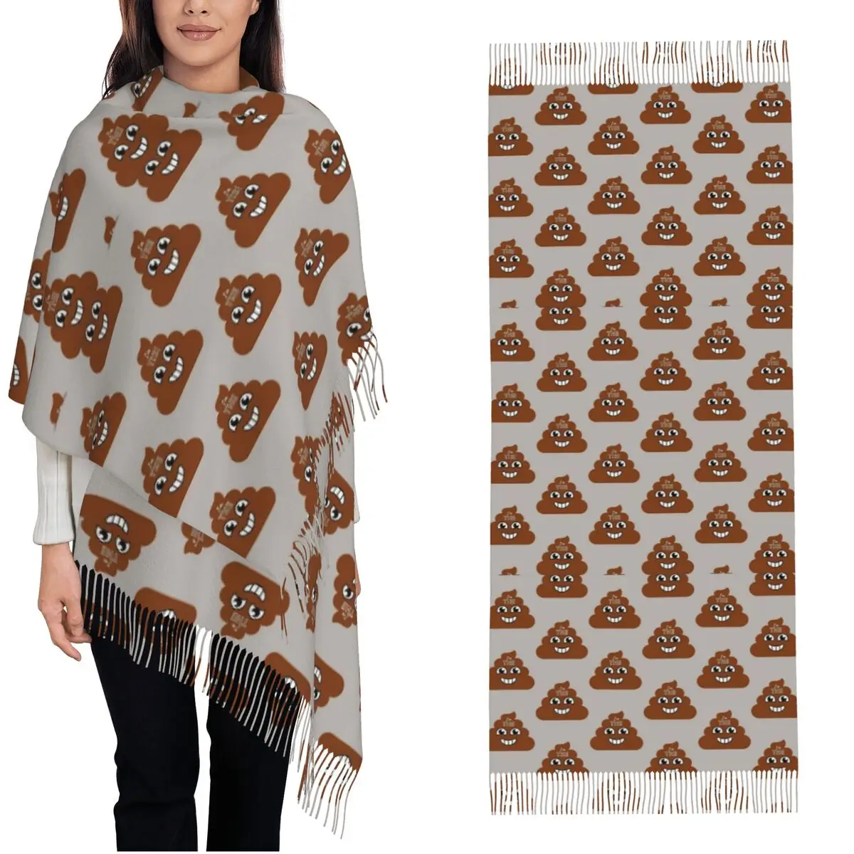 

Womens Scarf Warm Funny Poop Expression Scarves Wraps with Tassel Vintage Shawl Wraps Winter Custom DIY Foulard