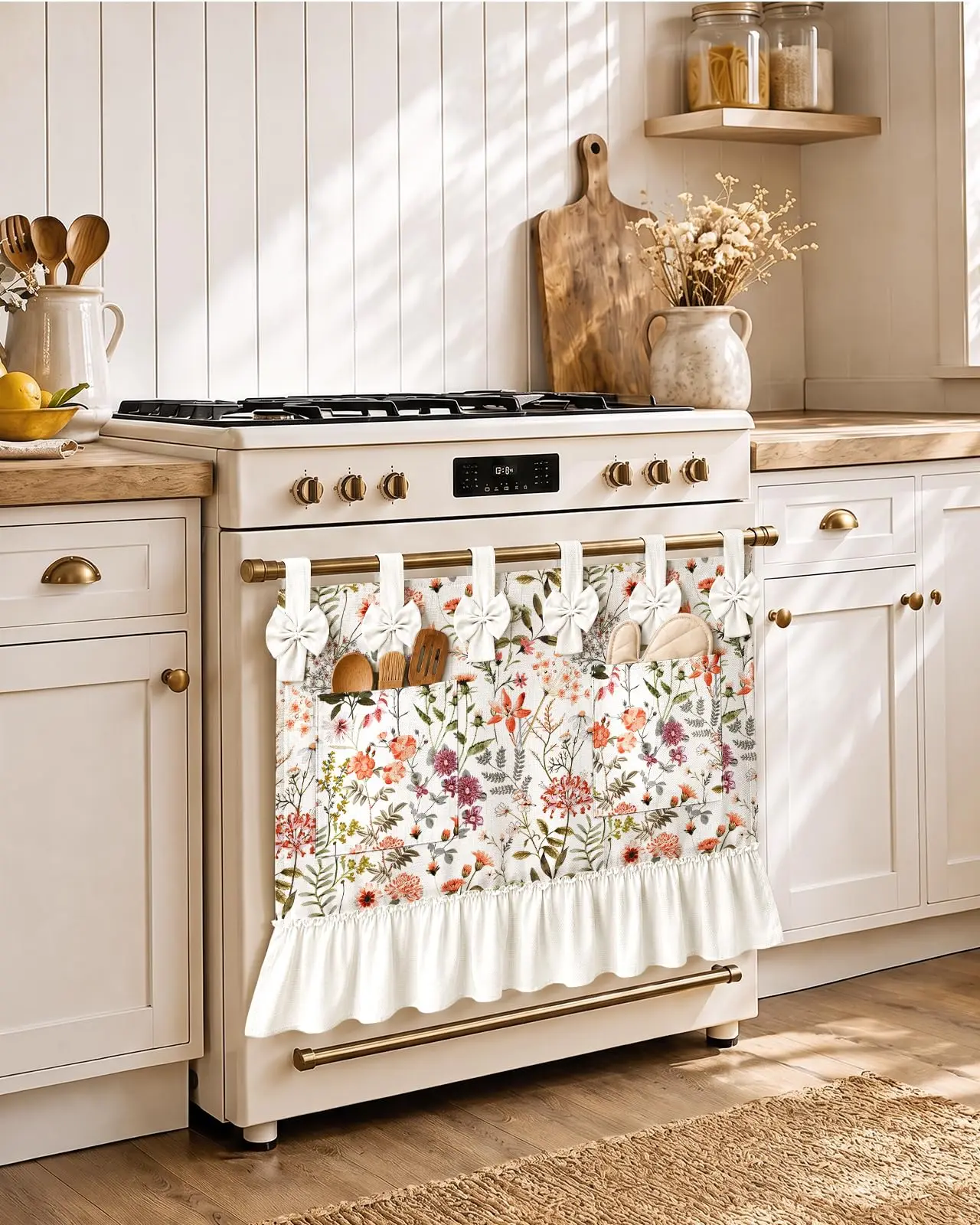Oven Skirt Curtain with Pockets, Hook-and-Loop, Floral Grace Cottagecore Cotton Blend Kitchen Decor Gift