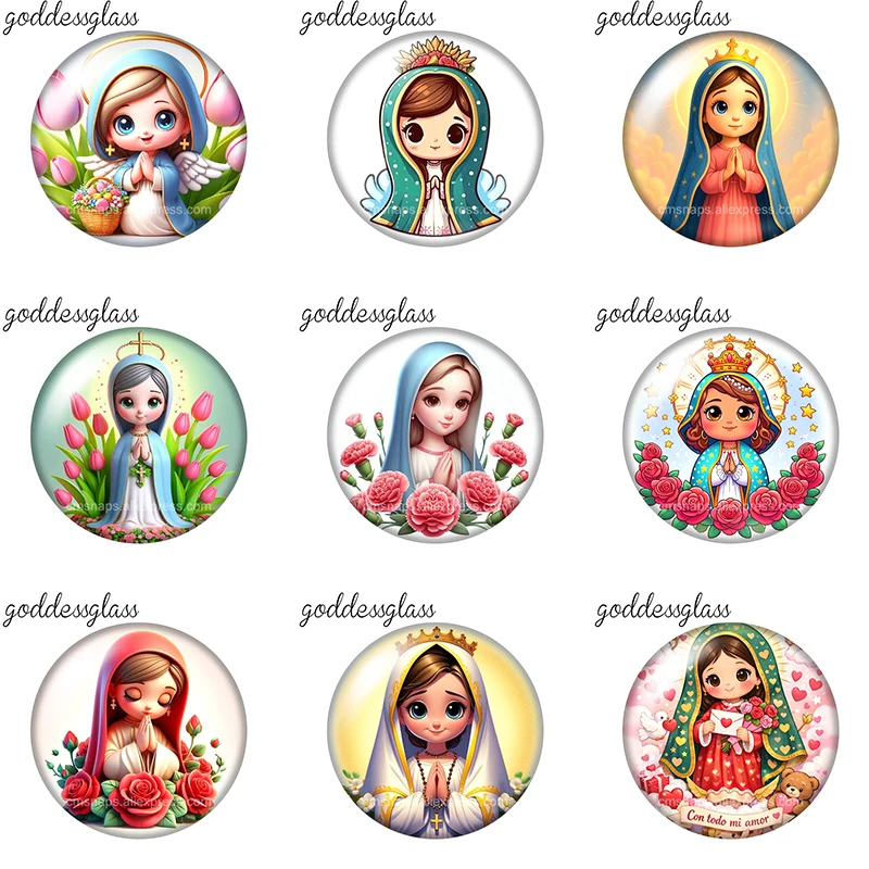 Cartoon Maria Lady of Guadalupe Bless 10pc 12mm/18mm/20mm/25mm Round Photo Glass Cabochon Flat Back Making Findings Snap Buttons