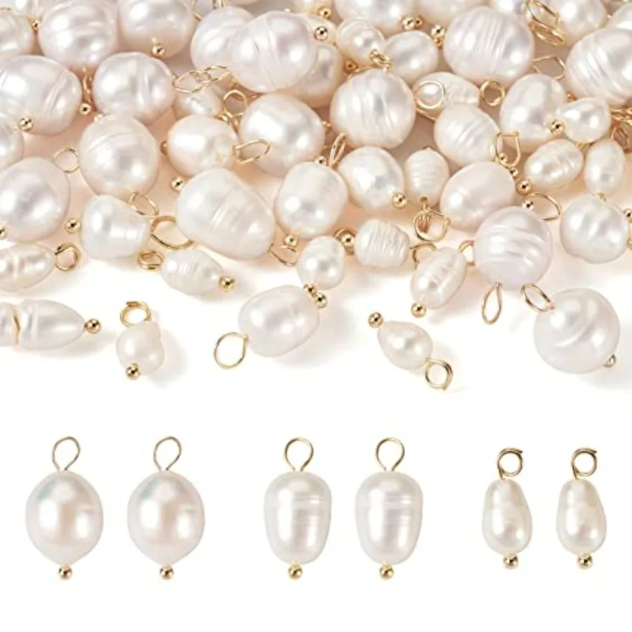 

60Pcs 13-17mm Natural Freshwater Cultured Pearl Pendants White Rice Oval Pearl Charms with Brass Loop 3 Styles for DIY Necklace