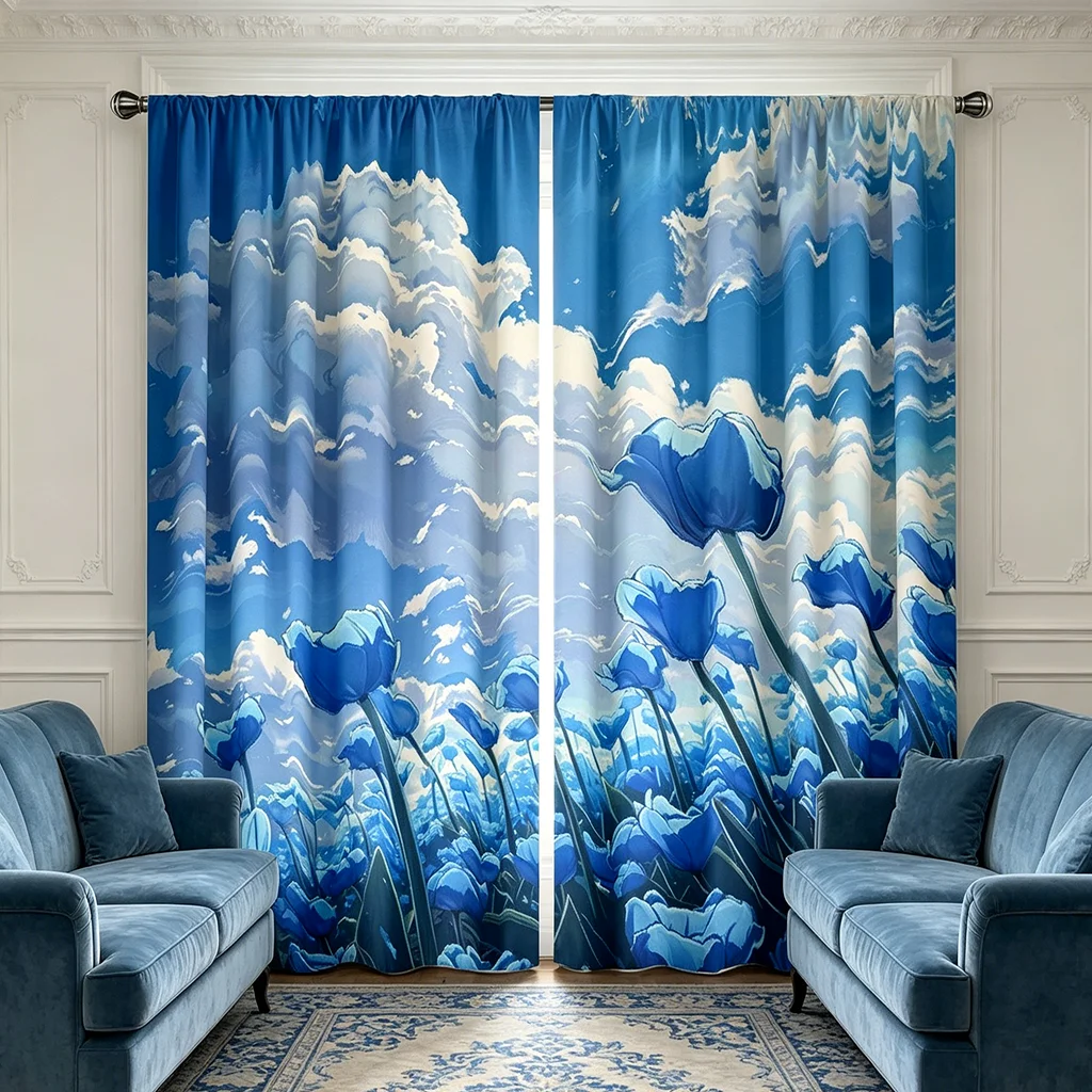 2PCS Curtains, Blue, Blue Tulip & Cloudy Sky Pattern, for Bedroom, Living Room, Rod Pocket Style