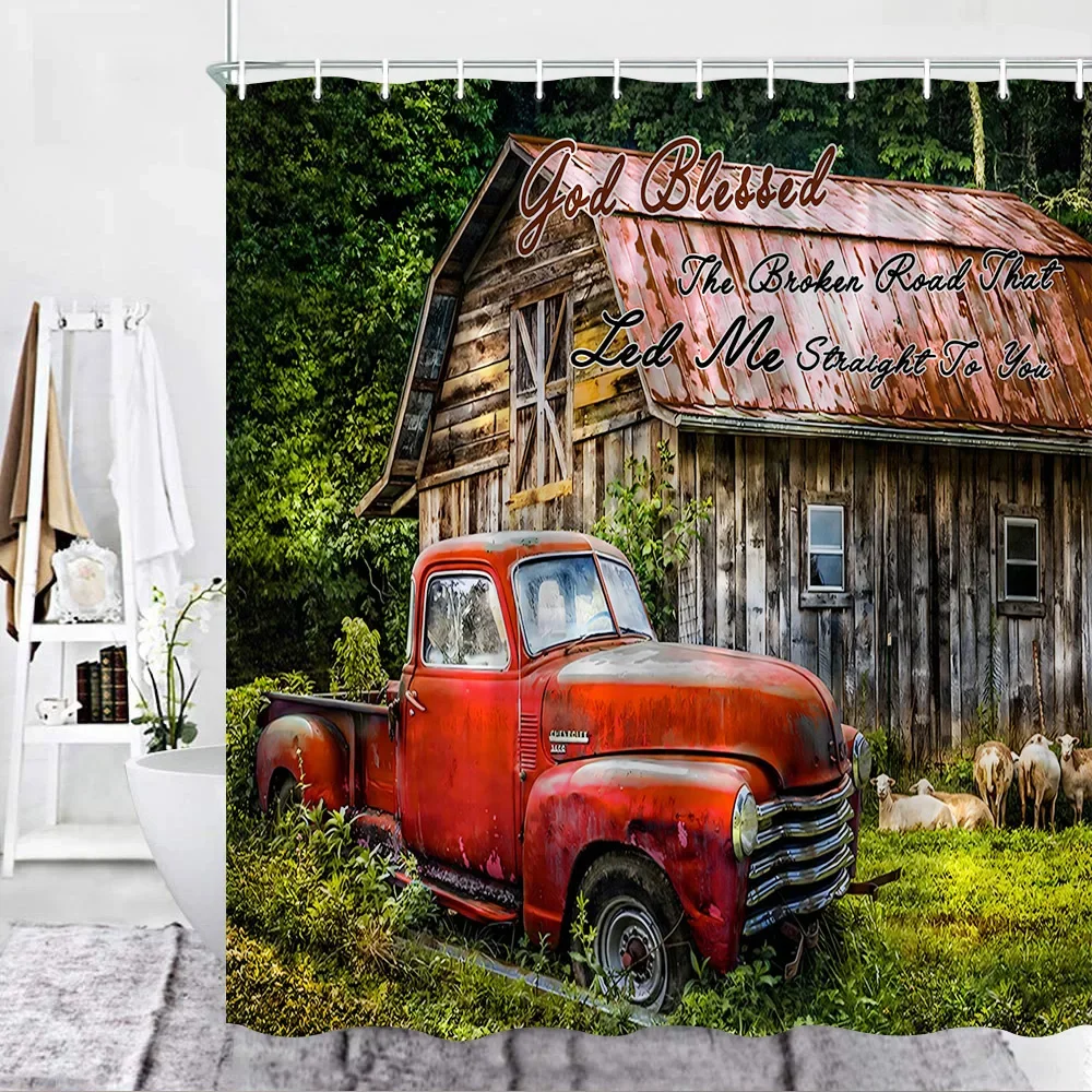 Rustic Farm Style Shower Curtains Hooks Old Red Truck Log Cabin Cows Farmhouse Decors Fabric Bathroom Curtain Bath Accessies Set