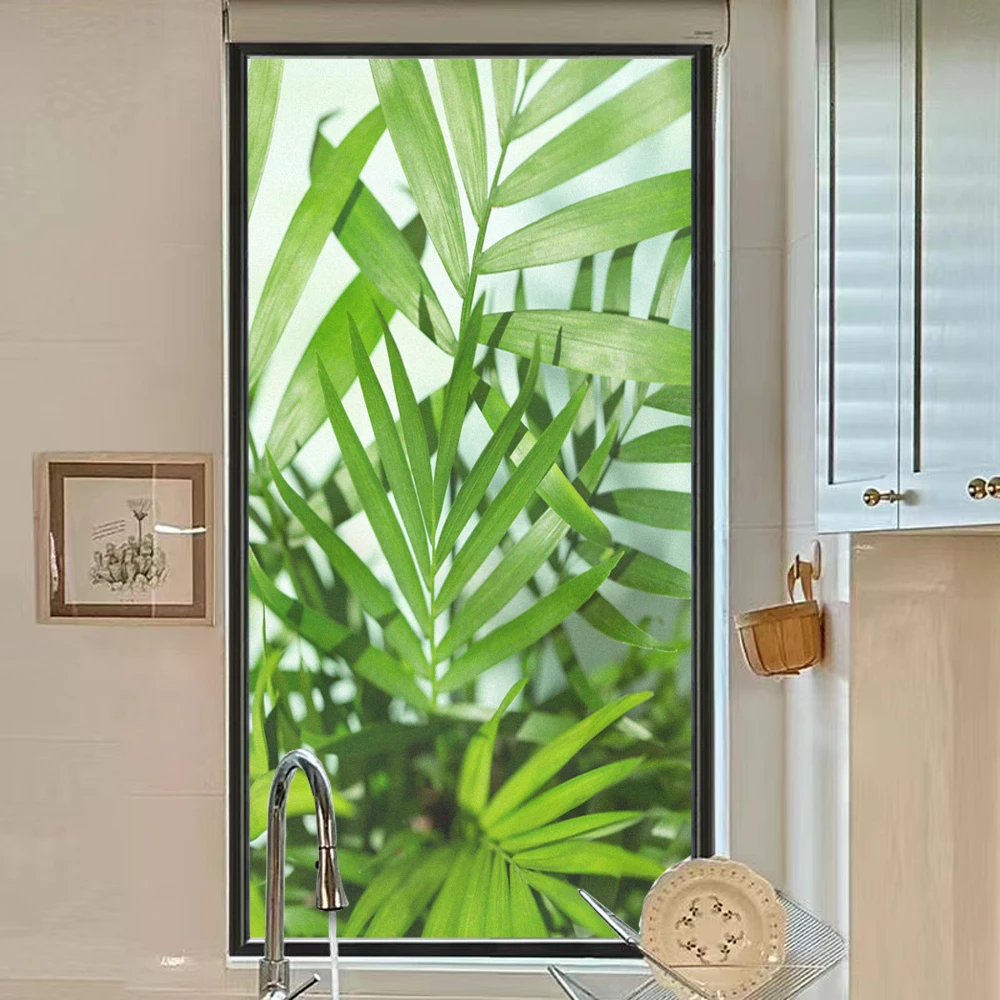 

Privacy Glass Window Film Bamboo Leaf Pattern Frosted Glass Door Stained Film Sun Blocking Static Cling Glass Window Film