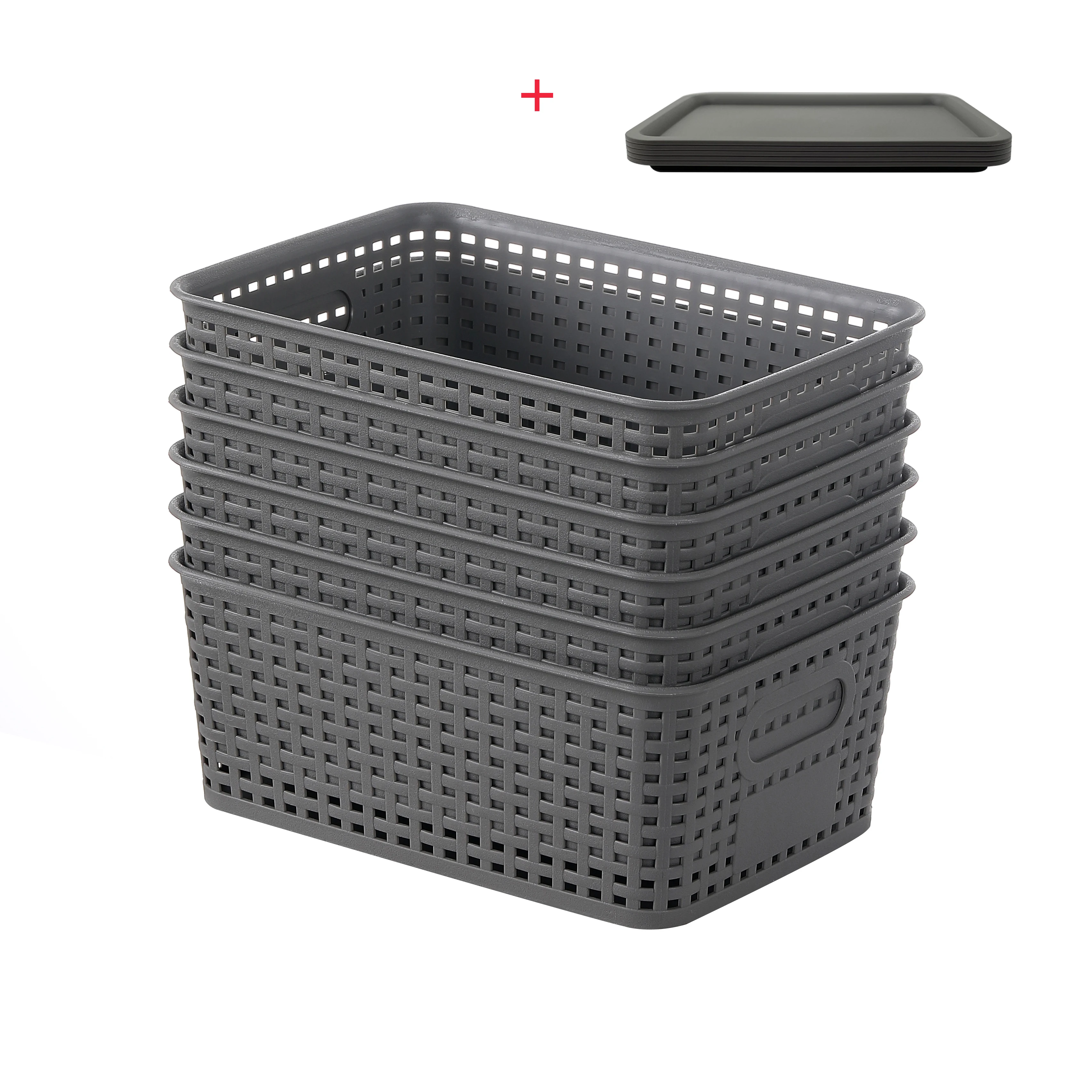 6 pcs Plastic Weave Storage Bins with Lid, Plastic Storage Basket Bin,Storage Organizer For Hallway, Bedroom, Living Room, Balco