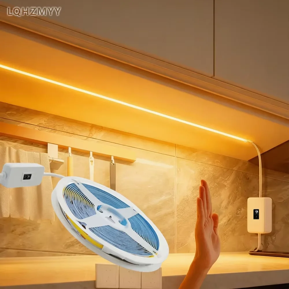 A 5V low-voltage LED light strip with USB and hand-scan sensor switch, COB without light spots, self-adhesive, suitable for wardrobe, bedroom bedside, TV background, bedroom mirror, decorative lighting, ambiance light strip, picture frame gift box, surprise ambiance DIY light strip, available in various lengths and can be cut to size