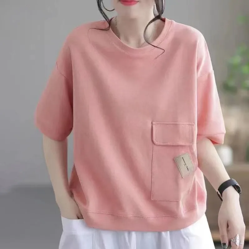 Women\'s T-shirt Short Sleeved Pure Cotton 2024 Summer New Korean Commuting Patchwork Loose Pocket Solid Round Neck Pullover Tops