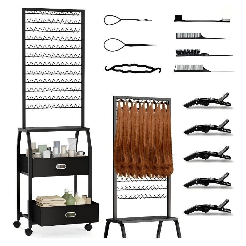 

Portable braided hair rack with wheels and storage drawers