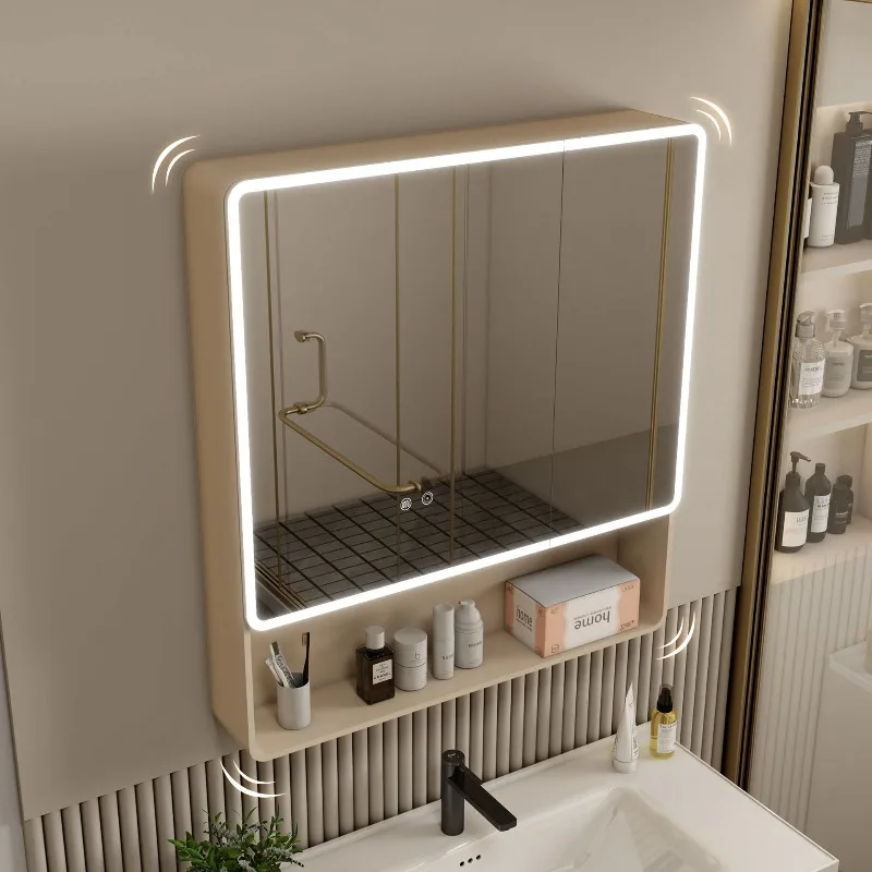 Smart Arc LED Bathroom Mirror Cabinet Wall Mounted Lighted Vanity Mirror Touch Sensor Anti Fog Storage Backlight Mirror Frameles