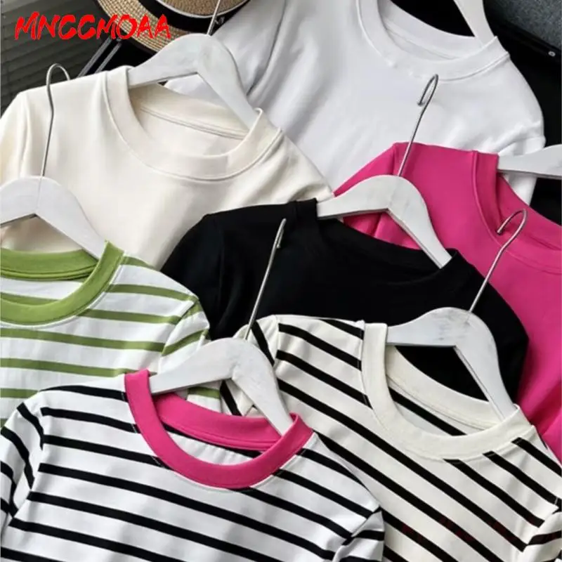 MNCCMOAA Women High Quality 2024 Autumn Winter Basic O Neck Long Sleeve Striped T-Shirt Casual 7-Color Simple Tees Tops Female