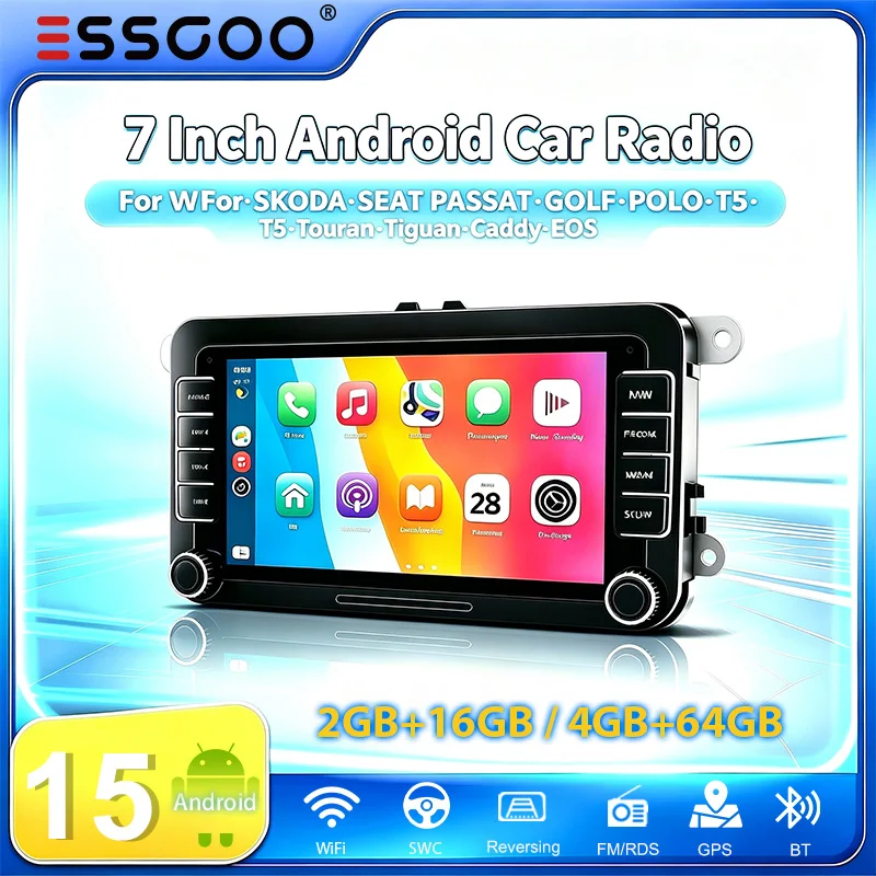 ESSGOO 7" Android 15 Autoradio 2GB+16GB/4GB+64GB Wireless CarPlay Android Auto GPS-Navigation für VW Golf 5 6 Touran Polo Caddy EOS Tiguan 6R Passat Seat FM BT RDS Bluetooth Mirror Link