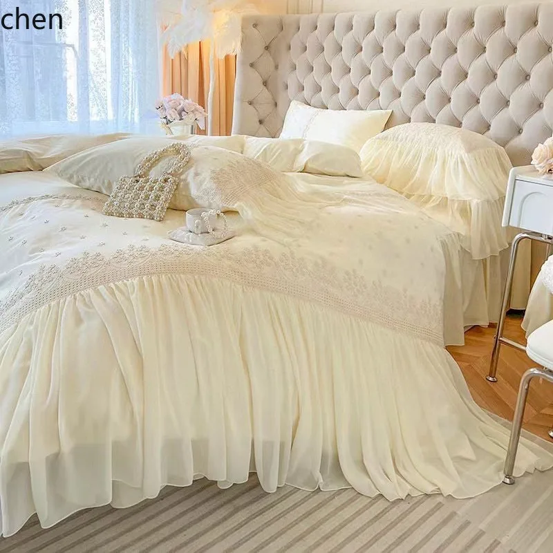 HXL Hollowed-out Three-dimensional Small Flower Four-piece Chiffon Pure Cotton Bedding Set