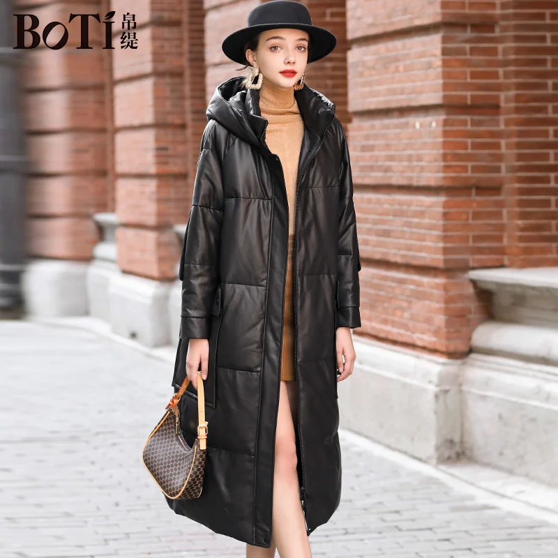 European Large Bati Genuine Leather Down Coat Women's Mid length 2022 Winter Sheepskin Casual Loose Hooded Leather Coat