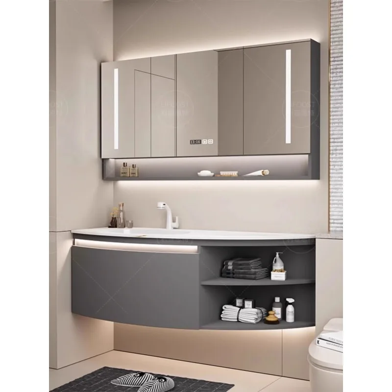 

Oak bathroom cabinet combination rock slab seamless integrated basin arc toilet washstand