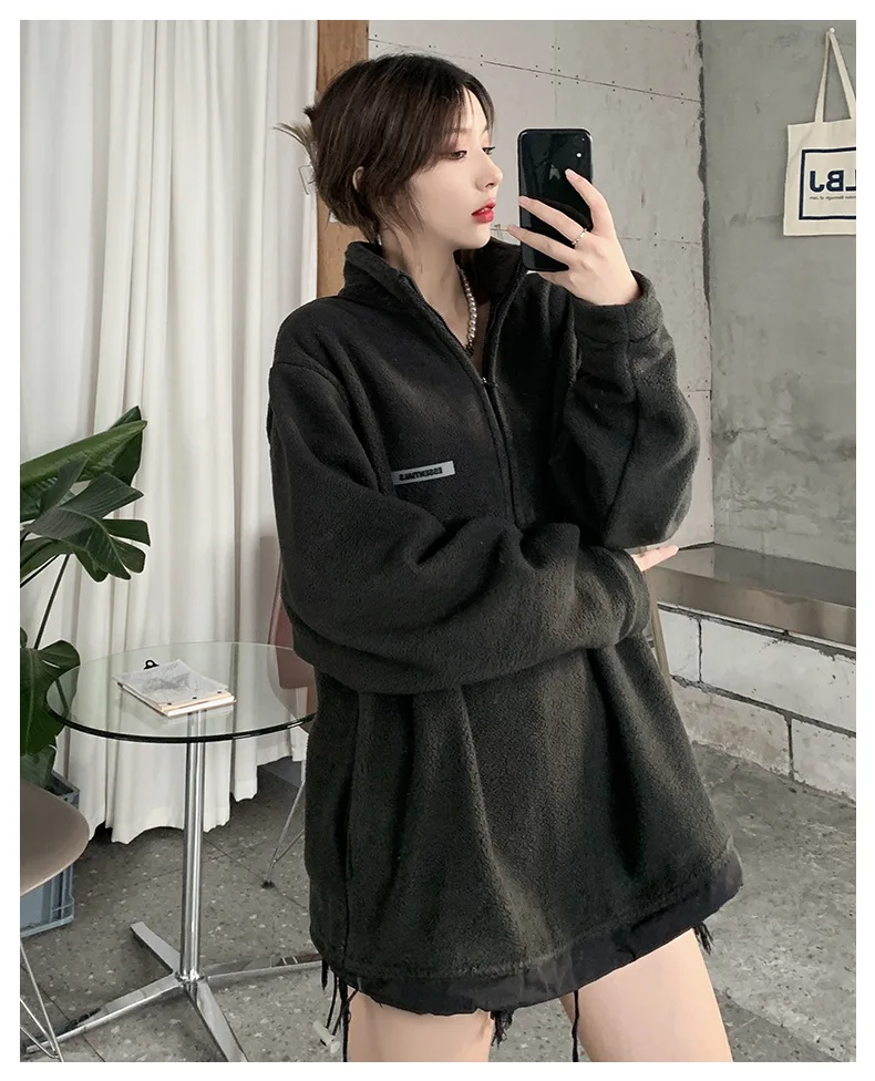 2022 Spring Autumn Sweatshirt Women New Fashion Kpop Loose Fleece Coat Original Design Lambhair Thickened Clothes