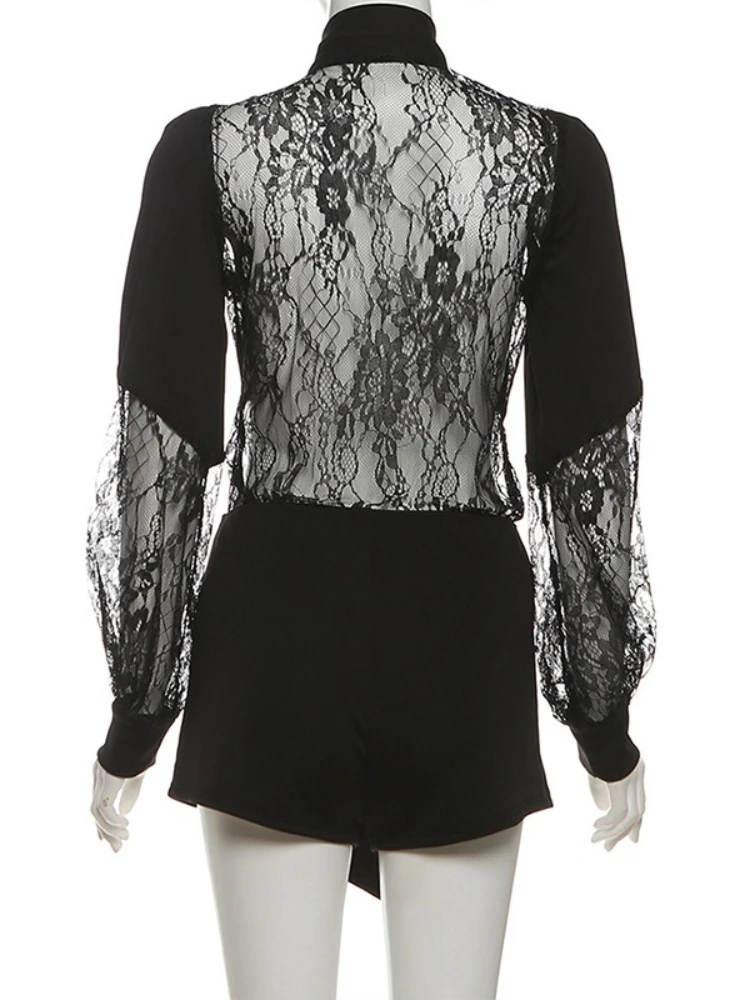 SsTss Conjunto de top y pantalones cortos para mujer, camisa de manga larga con retazos de encaje transparente calado negro a la moda y pantalones cortos ajustados, trajes de 2 piezas