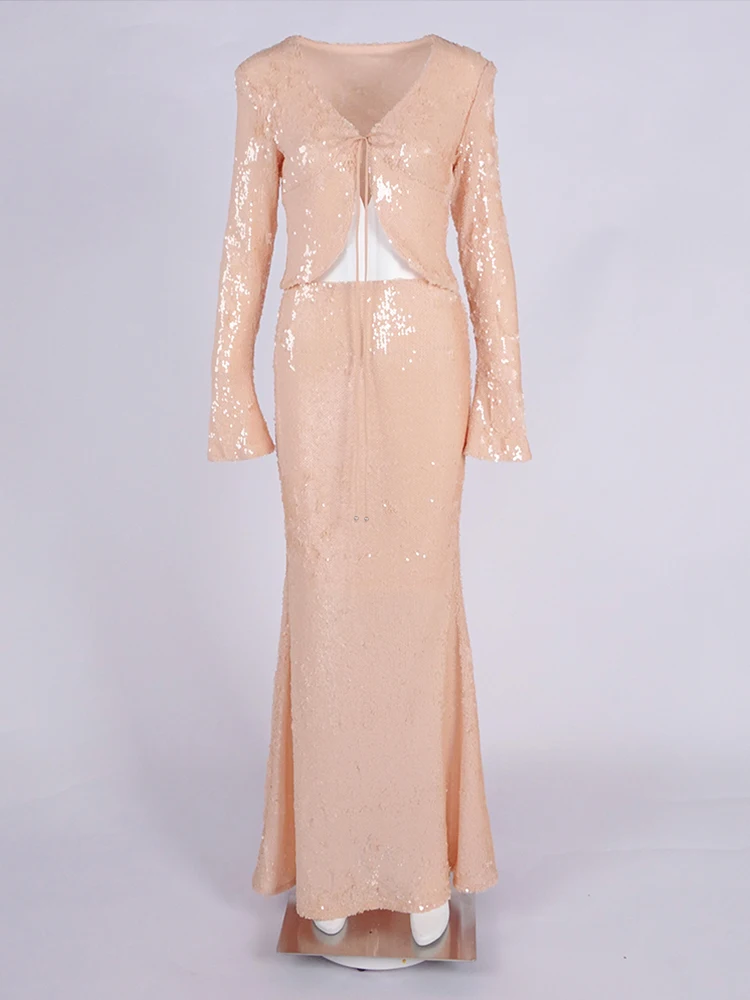 Ensemble deux pièces Sexy pour femmes, paillettes marron, manches longues, col en v, haut et jupe évasée, robe d'été, robe de soirée formelle, 2025