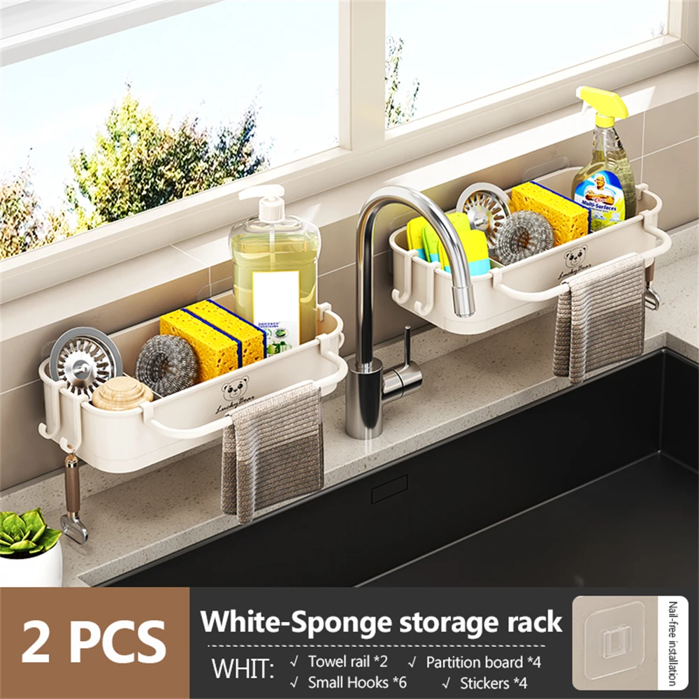 2 Pcs Sponge Holder Kitchen Sink Caddy With Hooks, Dish Sponge Organizer With Divider, Dish Soap Dispenser Brush Holder Storage