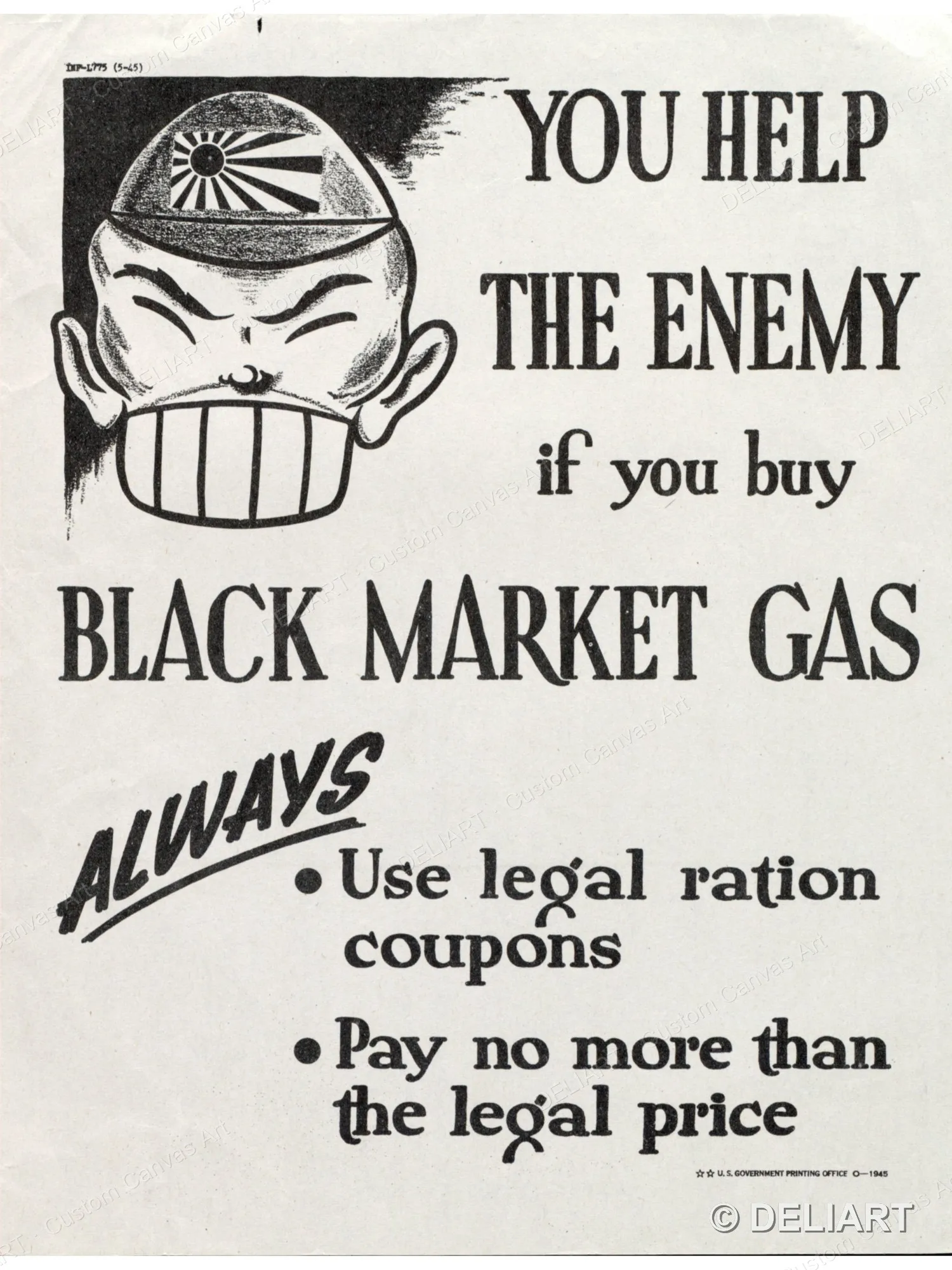 You Help the Enemy if You Buy Black Market Gas Vintage WWII Propaganda Canvas Wall Art Poster Print Retro Home Decor Unframed