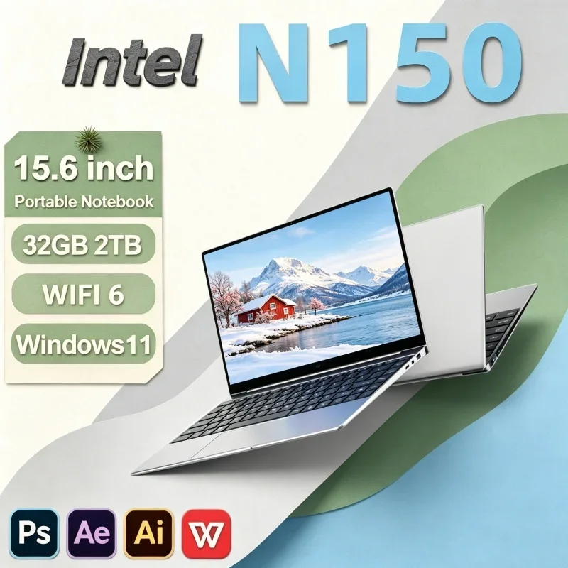15.6 Inch Gaming Laptop with Intel Core N150 32GB RAM 1TB 2TB SSD WiFi 6 Windows 11 Bright Laptop
