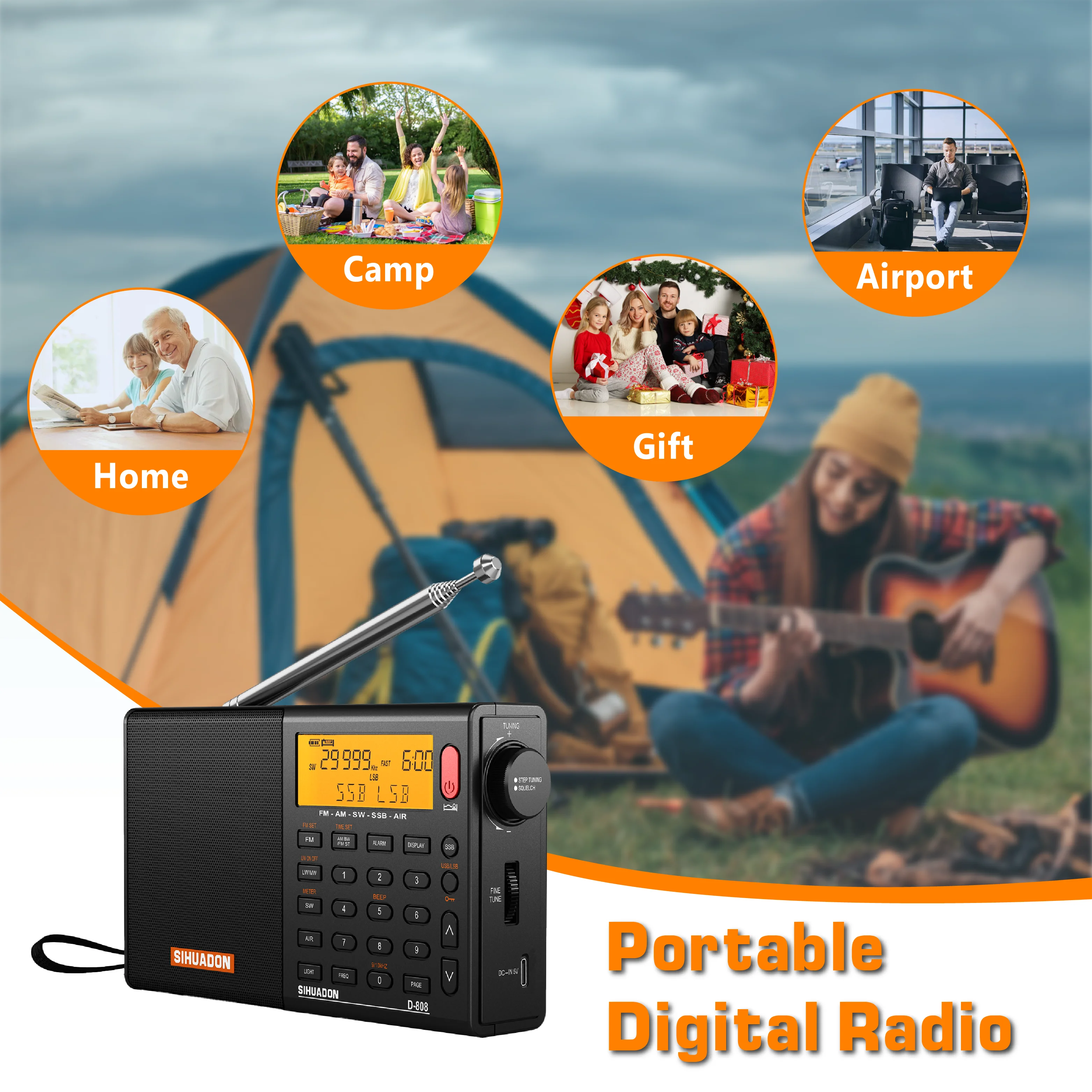 SIHUADON D-808 AM/FM/SW/MW SSB AIR RDS Full Band Portable Radio with Multifunction Deep Sound Stereo Rechargeable Radio Receiver