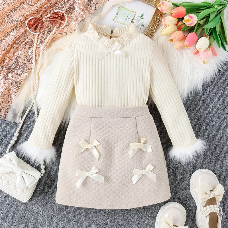 

Girls Clothing Sets Children's Fashion Knitted Top+Bow Skirt 2pcs Outfits Kids Autumn Casual Suits New Kids Spring Clothes 4-8Y
