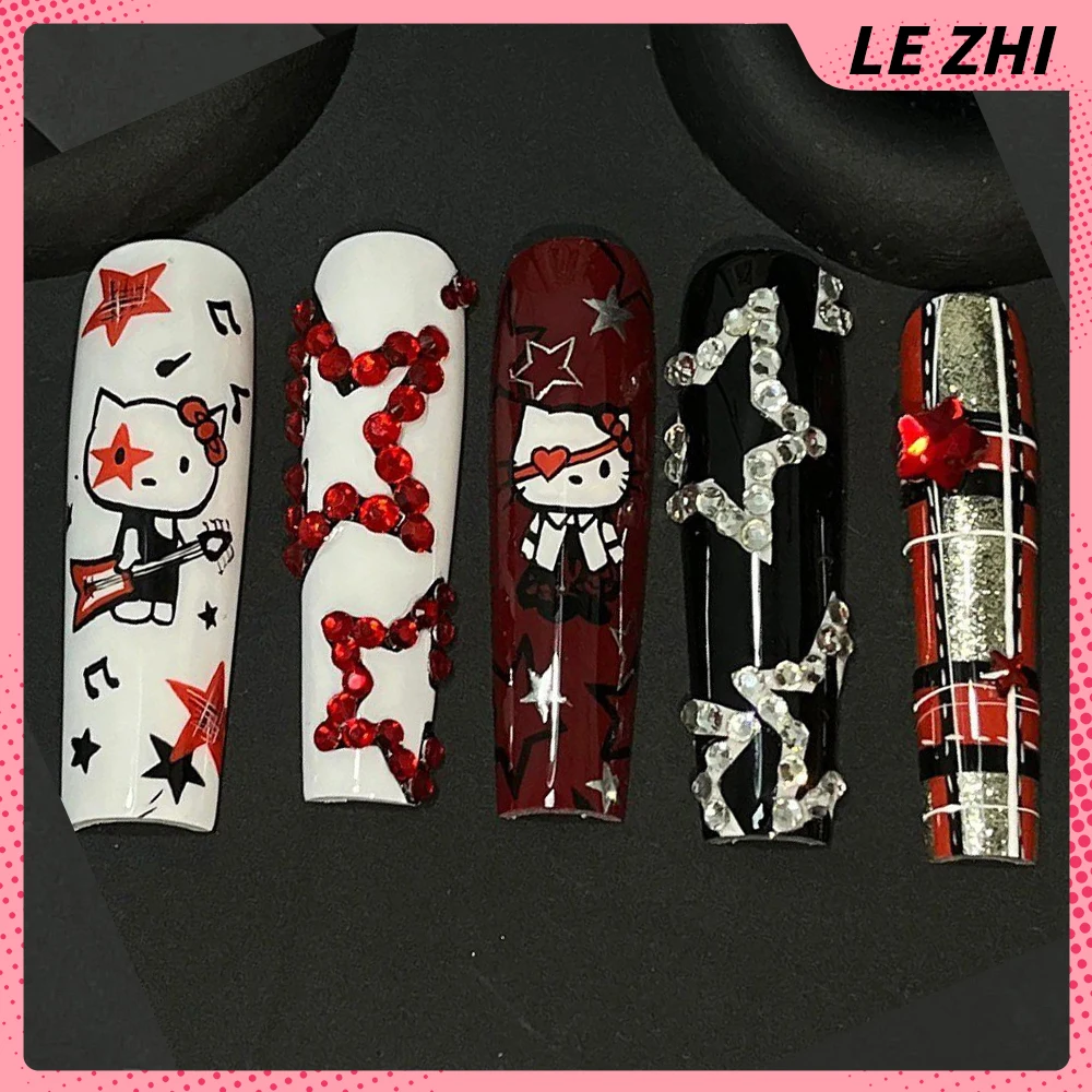 10Pcs Y2K XL Square Pure Handmade Sanrio Hello Kittty Press On Nail Art Spice Girl Pentagram Gold Flash Full Cover Nail Stickers