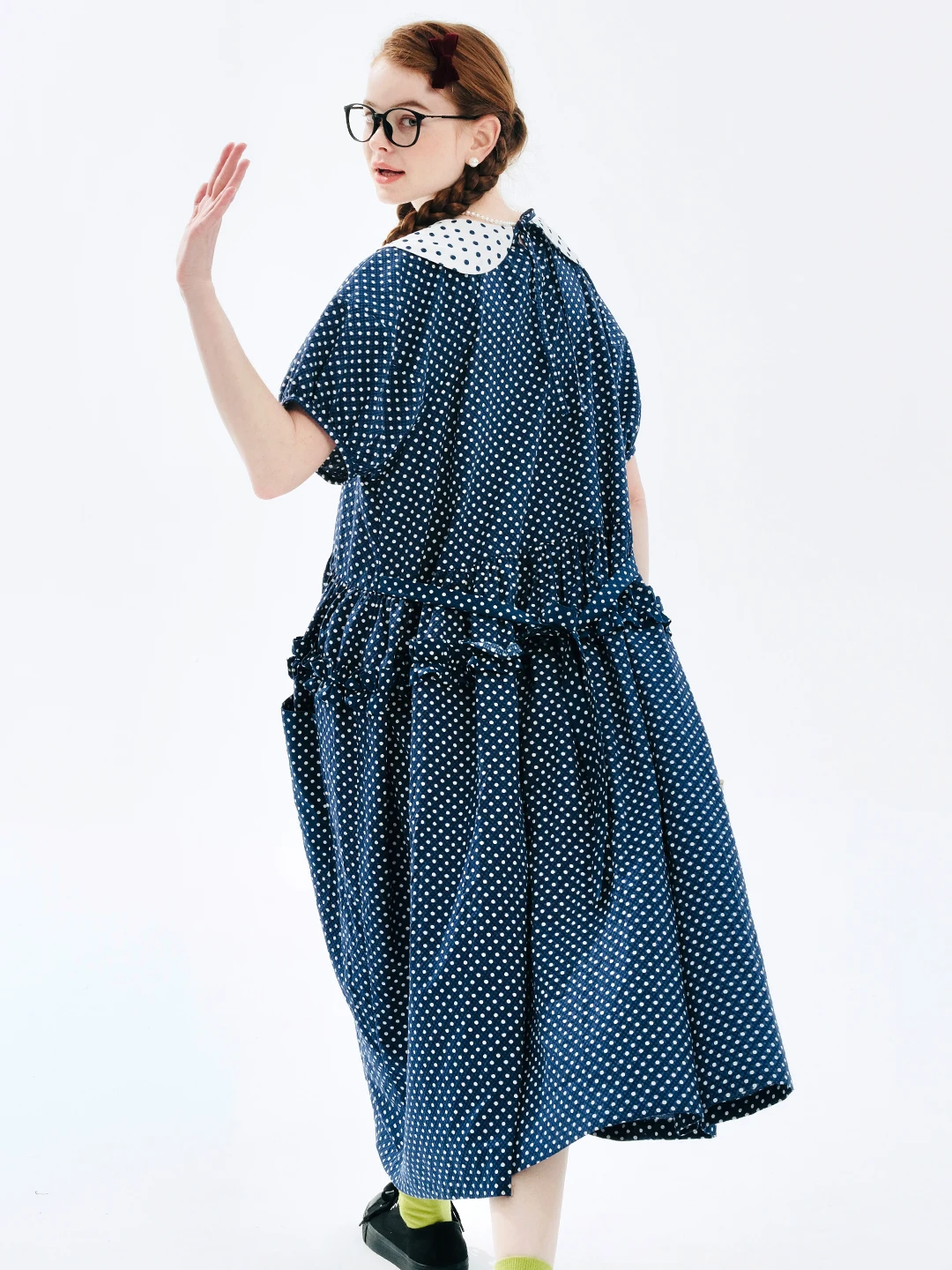 imakokoni 2024 Summer A-line Long Dress Cotton Japanese Polka Dot Contrast Round Neck Dress 244711